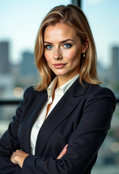 Profesjonalne zdjęcie modelki w rozdzielczości 8K, wyraźne szczegóły, tło studyjne, strój biznesowy, pewna postawa, neutralny wyraz twarzy, wysoka rozdzielczość, otoczenie korporacyjne, ostry fokus, oświetlenie otoczenia, profesjonalny styl biznesowy, widok na panoramę miasta.