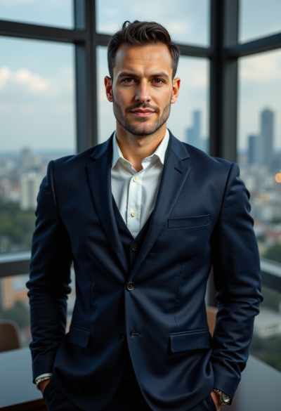 Profesjonalne zdjęcie w rozdzielczości 8K, jako dyrektor generalny, wyraźne szczegóły, tło studia premium, strój biznesowy, dominująca postawa, pewny siebie wyraz twarzy, wysoka rozdzielczość, ustawienie w narożnym biurze, ostry fokus, dramatyczne oświetlenie, elegancki garnitur, widok na panoramę miasta