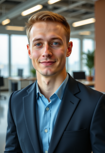 Profesjonalne zdjęcie w rozdzielczości 8K, jako dyrektor generalny, wyraźne szczegóły, tło studia premium, strój biznesowy, dominująca postawa, pewny siebie wyraz twarzy, wysoka rozdzielczość, ustawienie w narożnym biurze, ostry fokus, dramatyczne oświetlenie, elegancki garnitur, widok na panoramę miasta