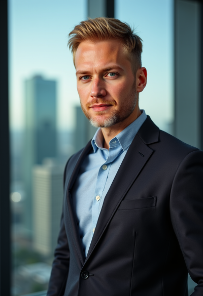 Profesjonalne zdjęcie w rozdzielczości 8K, jako dyrektor generalny, wyraźne szczegóły, tło studia premium, strój biznesowy, dominująca postawa, pewny siebie wyraz twarzy, wysoka rozdzielczość, ustawienie w narożnym biurze, ostry fokus, dramatyczne oświetlenie, elegancki garnitur, widok na panoramę miasta