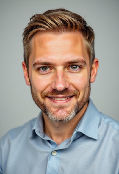 Profesjonalny headshot biznesowy, neutralne tło w jasnym odcieniu, miękkie studyjne światło, ostre szczegóły twarzy, naturalna skóra, lekki uśmiech, elegancka koszula, kompozycja od klatki piersiowej w górę, styl jak w fotografii korporacyjnej Fortune 500.