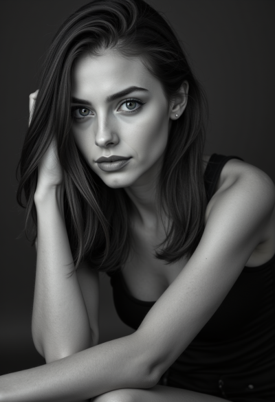 Profesjonalny czarno-biały portret modela siedzącego swobodnie, ręce oparte na kolanach, 4K, Sony A7R V, obiektyw 50mm, ultra-realizm.