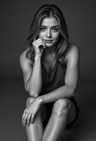 Profesjonalny czarno-biały portret modela siedzącego swobodnie, ręce oparte na kolanach, 4K, Sony A7R V, obiektyw 50mm, ultra-realizm.