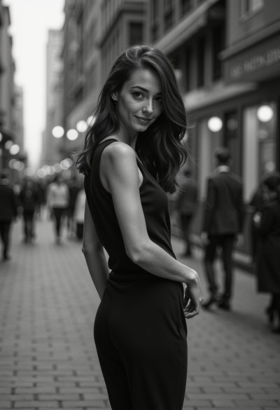 Ultra-realistyczna czarno-biała fotografia modela, 4K, obiektyw 70–200mm f/2.8, dynamiczna poza, perfekcyjna kompozycja, zdjęcie jak z luksusowego magazynu.