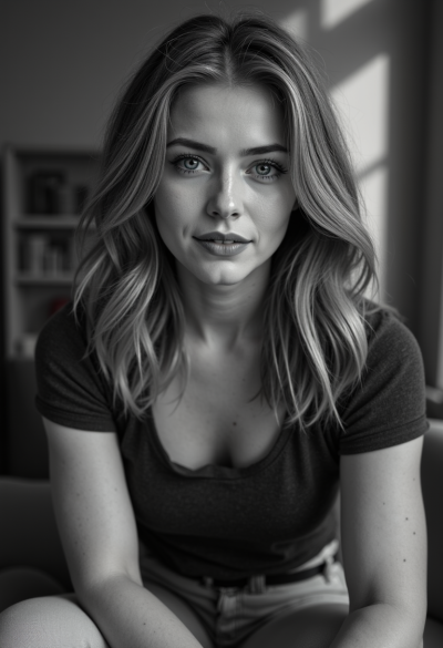 Profesjonalny czarno-biały portret modela siedzącego swobodnie, ręce oparte na kolanach, 4K, Sony A7R V, obiektyw 50mm, ultra-realizm.