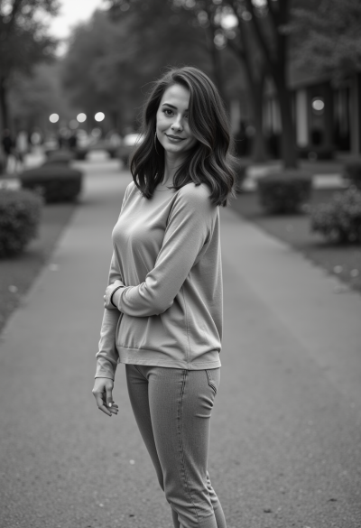 Profesjonalne czarno-białe zdjęcie modela w stroju casual, cała sylwetka, 4K, Nikon Z9, obiektyw 85mm, perfekcyjna geometria kadru