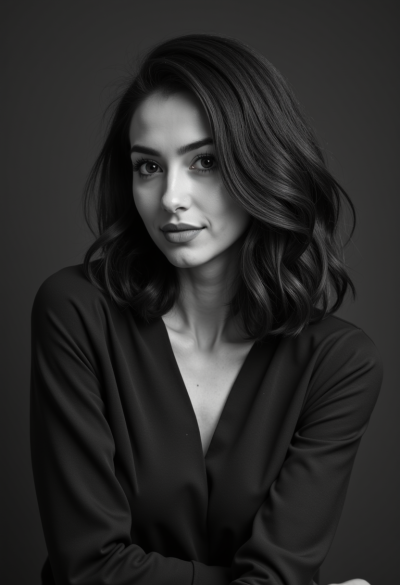 Ultra-realistyczna czarno-biała fotografia modela, 4K, obiektyw 70–200mm f/2.8, dynamiczna poza, perfekcyjna kompozycja, zdjęcie jak z luksusowego magazynu.