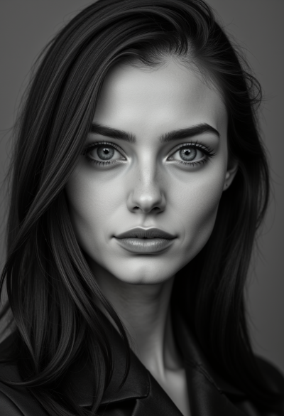 Ultra-realistyczna czarno-biała fotografia modela skomponowana jak okładka prestiżowego magazynu, perfekcyjna geometria kadru, top-tier lighting.