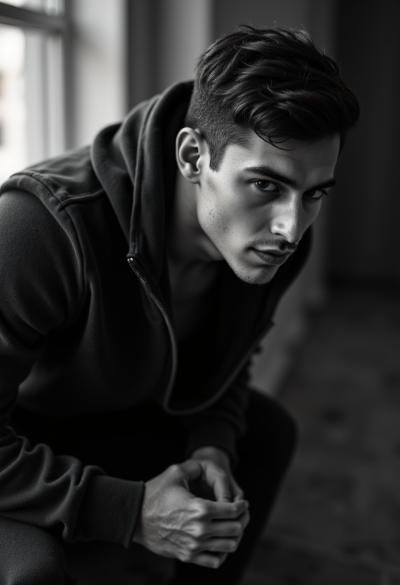 Profesjonalny czarno-biały portret modela siedzącego bokiem do aparatu, światło boczne, 4K, Leica SL2, obiektyw Summicron 50mm, fotograficzny realizm