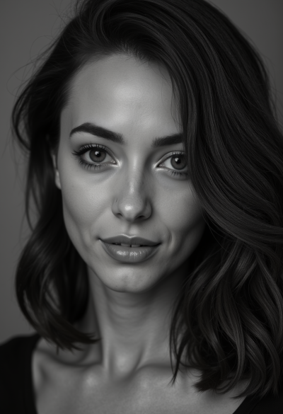 Ultra-realistyczny czarno-biały portret modela, profesjonalna sesja fotograficzna, dokładna kontrola kontrastu, realistyczny zakres tonalny.