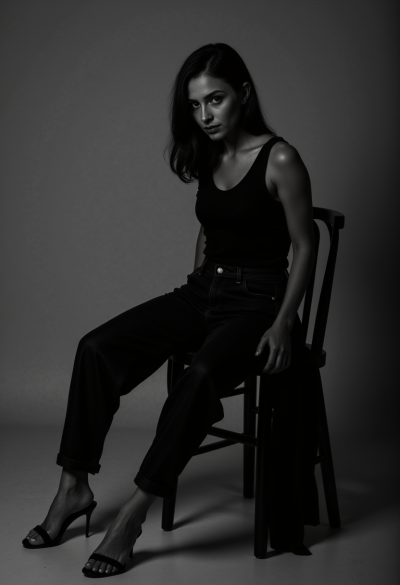 Czarno-biały portret modela siedzącego na krześle, lekko pochylona sylwetka, profesjonalna sesja fotograficzna, 4K, Canon EOS R5, obiektyw 50mm f/1.4, editorial quality.