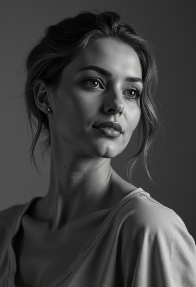 Ultra-realistyczna czarno-biała fotografia modela, 4K, obiektyw 70–200mm f/2.8, dynamiczna poza, perfekcyjna kompozycja, zdjęcie jak z luksusowego magazynu.