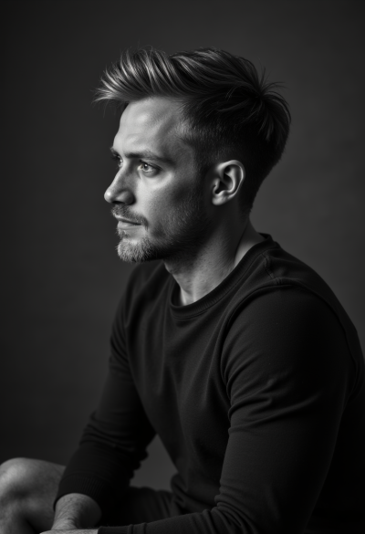 Profesjonalny czarno-biały portret modela siedzącego bokiem do aparatu, światło boczne, 4K, Leica SL2, obiektyw Summicron 50mm, fotograficzny realizm
