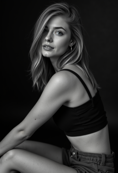 Profesjonalny czarno-biały portret modela siedzącego bokiem do aparatu, światło boczne, 4K, Leica SL2, obiektyw Summicron 50mm, fotograficzny realizm