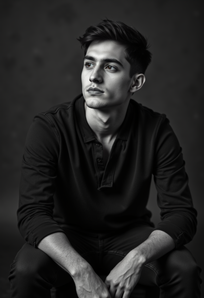 Profesjonalny czarno-biały portret modela siedzącego bokiem do aparatu, światło boczne, 4K, Leica SL2, obiektyw Summicron 50mm, fotograficzny realizm