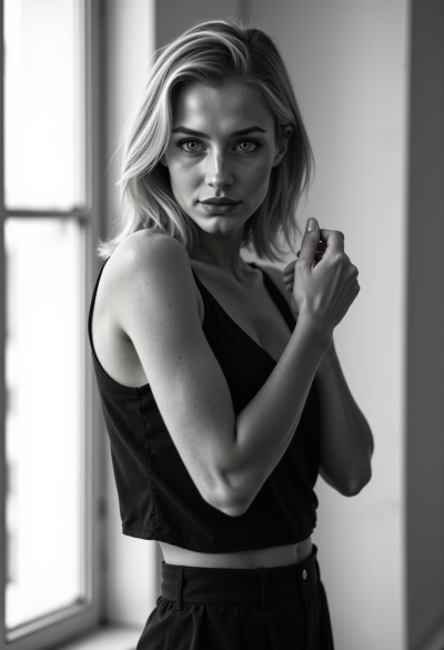Ultra-realistyczna czarno-biała fotografia modela, 4K, obiektyw 70–200mm f/2.8, dynamiczna poza, perfekcyjna kompozycja, zdjęcie jak z luksusowego magazynu.