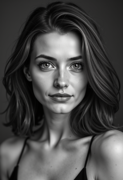 Ultra-realistyczna czarno-biała fotografia modela, profesjonalna sesja studyjna, rozdzielczość 4K, pełnoklatkowy aparat, obiektyw portretowy 85mm, perfekcyjnie kontrolowane światło, naturalne emocje.