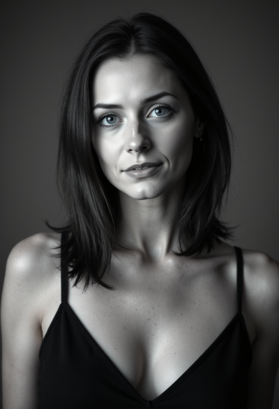 Czarno-biały portret modela wykonany w warunkach profesjonalnej sesji fotograficznej, 4K, pełnoklatkowy sensor, perfekcyjne światło portretowe.