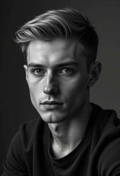 Ultra-realistyczny czarno-biały portret modela, profesjonalna sesja fotograficzna, dokładna kontrola kontrastu, realistyczny zakres tonalny.