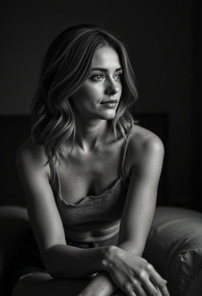 Profesjonalny czarno-biały portret modela siedzącego bokiem do aparatu, światło boczne, 4K, Leica SL2, obiektyw Summicron 50mm, fotograficzny realizm