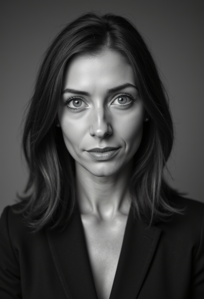 Czarno-biały portret modela wykonany w warunkach profesjonalnej sesji fotograficznej, 4K, pełnoklatkowy sensor, perfekcyjne światło portretowe.