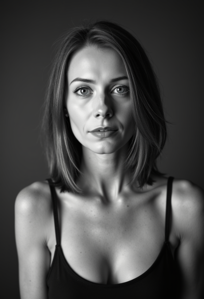 Czarno-biały portret modela wykonany w warunkach profesjonalnej sesji fotograficznej, 4K, pełnoklatkowy sensor, perfekcyjne światło portretowe.