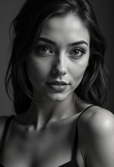 Ultra-realistyczny czarno-biały portret modela, profesjonalna sesja fotograficzna, dokładna kontrola kontrastu, realistyczny zakres tonalny.
