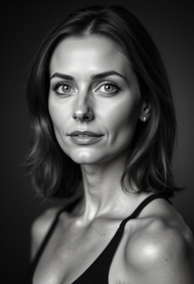 Ultra-realistyczny czarno-biały portret modela, profesjonalna sesja fotograficzna, dokładna kontrola kontrastu, realistyczny zakres tonalny.