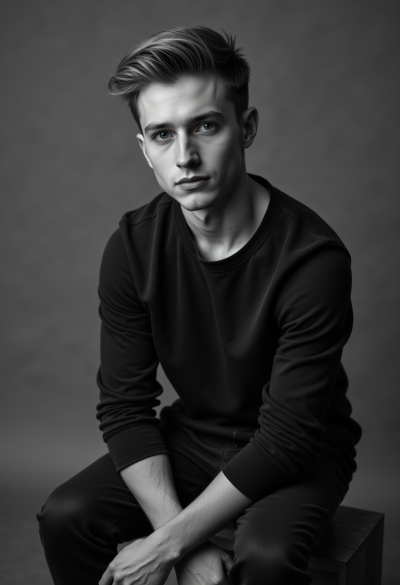Profesjonalny czarno-biały portret modela siedzącego swobodnie, ręce oparte na kolanach, 4K, Sony A7R V, obiektyw 50mm, ultra-realizm.