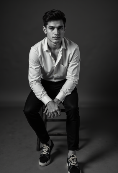Profesjonalny czarno-biały portret modela siedzącego swobodnie, ręce oparte na kolanach, 4K, Sony A7R V, obiektyw 50mm, ultra-realizm.