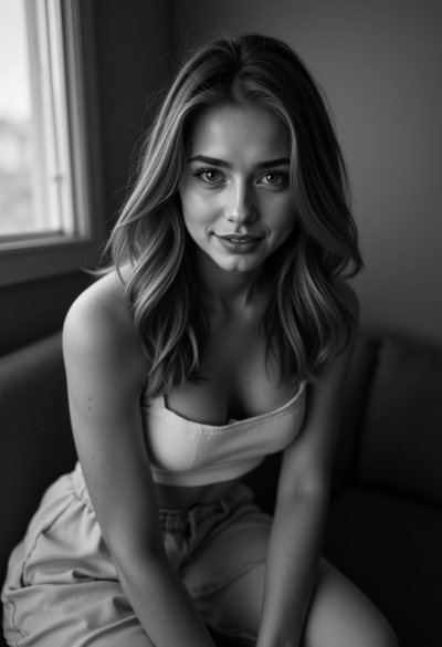Profesjonalny czarno-biały portret modela siedzącego bokiem do aparatu, światło boczne, 4K, Leica SL2, obiektyw Summicron 50mm, fotograficzny realizm