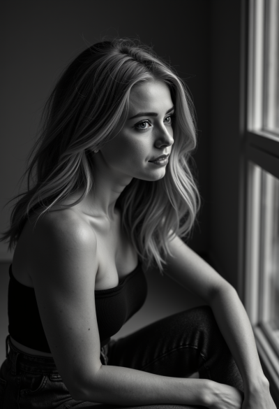 Profesjonalny czarno-biały portret modela siedzącego bokiem do aparatu, światło boczne, 4K, Leica SL2, obiektyw Summicron 50mm, fotograficzny realizm