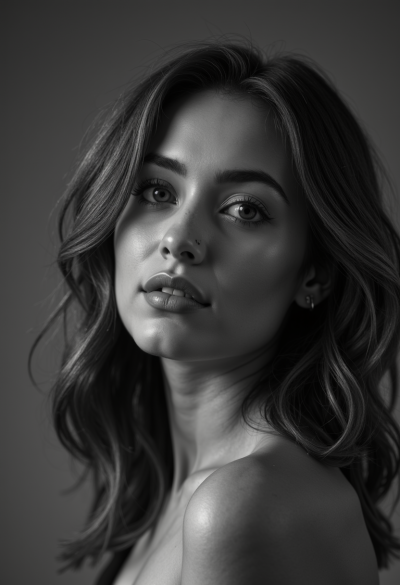 Ultra-realistyczna czarno-biała fotografia modela, 4K, obiektyw 70–200mm f/2.8, dynamiczna poza, perfekcyjna kompozycja, zdjęcie jak z luksusowego magazynu.