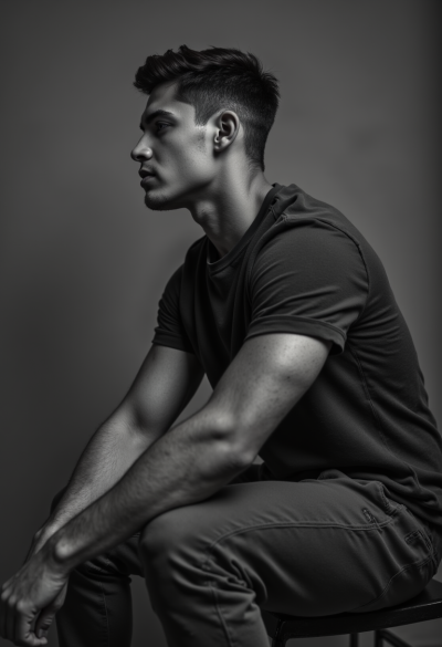 Profesjonalny czarno-biały portret modela siedzącego swobodnie, ręce oparte na kolanach, 4K, Sony A7R V, obiektyw 50mm, ultra-realizm.