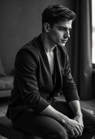 Profesjonalny czarno-biały portret modela siedzącego bokiem do aparatu, światło boczne, 4K, Leica SL2, obiektyw Summicron 50mm, fotograficzny realizm