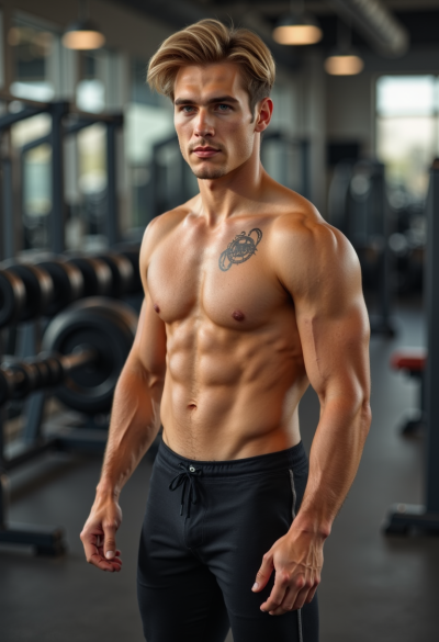 Wysportowany model jako influencer fitness w stroju sportowym na siłowni kulturystycznej.