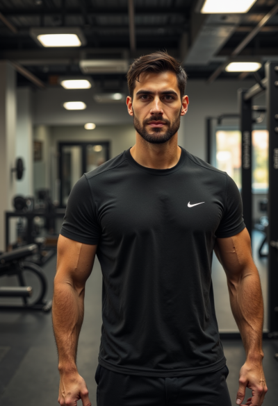Wysportowany model jako influencer fitness w stroju sportowym na siłowni kulturystycznej.