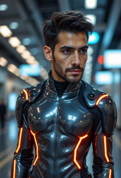 Model jako futurystyczna sztuczna inteligencja, ubrana w elegancki chromowany kombinezon z akcentami LED, oświetleniem science fiction i efektami cyfrowymi.
