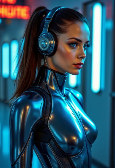 Modelka jako futurystyczna sztuczna inteligencja, ubrana w elegancki chromowany kombinezon z akcentami LED, oświetleniem science fiction i efektami cyfrowymi.