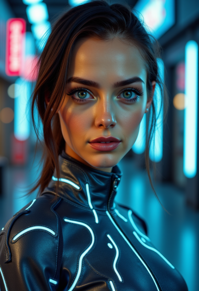 Model jako futurystyczna sztuczna inteligencja, ubrana w elegancki chromowany kombinezon z akcentami LED, oświetleniem science fiction i efektami cyfrowymi.