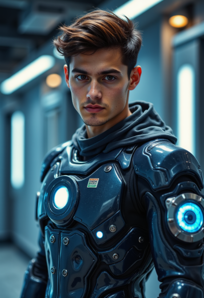 Model jako futurystyczna sztuczna inteligencja, ubrana w elegancki chromowany kombinezon z akcentami LED, oświetleniem science fiction i efektami cyfrowymi.