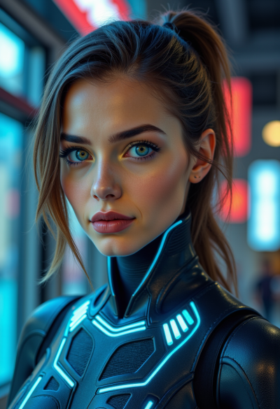 Modelka jako futurystyczna sztuczna inteligencja, ubrana w elegancki chromowany kombinezon z akcentami LED, oświetleniem science fiction i efektami cyfrowymi.