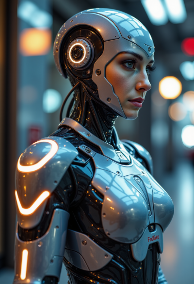 Model jako futurystyczna sztuczna inteligencja, ubrana w elegancki chromowany kombinezon z akcentami LED, oświetleniem science fiction i efektami cyfrowymi.