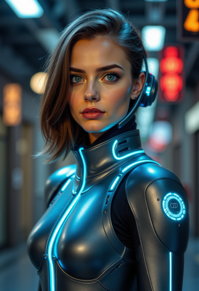 Model jako futurystyczna sztuczna inteligencja, ubrana w elegancki chromowany kombinezon z akcentami LED, oświetleniem science fiction i efektami cyfrowymi.
