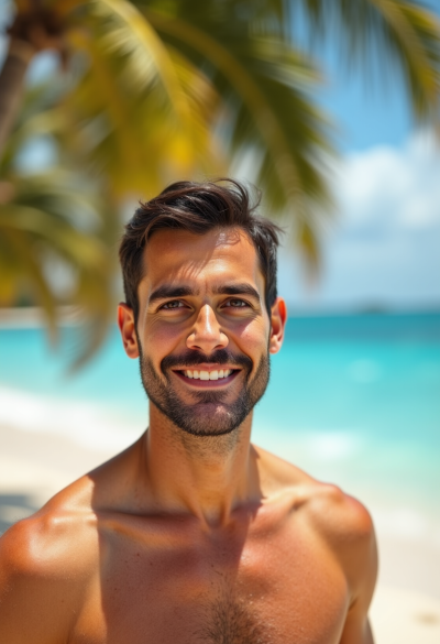 Ultrarealistyczny portret półpostaci mężczyzny na tropikalnej plaży, palmy rozmyte w tle, intensywne turkusowe kolory oceanu, miękkie światło dzienne, lekki uśmiech, naturalna mimika.