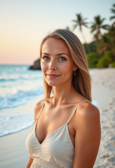 Ultrarealistyczna fotografia kobiety na rajskiej plaży, biały miękki piasek, palmy kokosowe w tle, turkusowa krystaliczna woda, ciepłe światło zachodzącego słońca, lekki wiatr unoszący włosy, delikatny uśmiech, naturalna skóra, kinowa głębia ostrości.