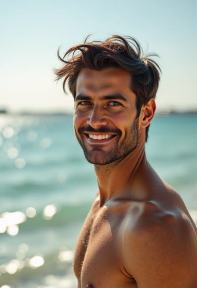 Kinowy portret mężczyzny na tle oceanu, słońce odbijające się w turkusowej wodzie, lekki wiatr, naturalny uśmiech, wysoka szczegółowość 8K.