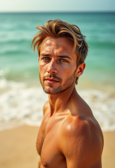 Ultrarealistyczna fotografia modela na rajskiej plaży, złocisty piasek, turkusowa woda, naturalna poza, subtelne światło poranne, realistyczna skóra z widoczną teksturą, lekki wiatr poruszający włosami, kinowa głębia ostrości.