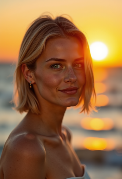 Ultrarealistyczna fotografia kobiety podczas zachodu słońca, pomarańczowo-złote niebo, spokojny ocean, miękkie światło na twarzy, naturalna skóra, lekki uśmiech, kinowy klimat.