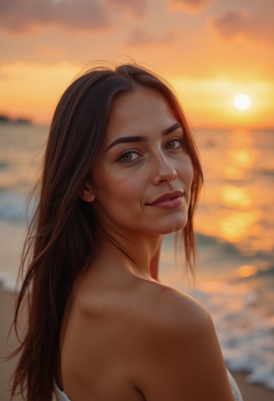 Ultrarealistyczna fotografia kobiety podczas zachodu słońca, pomarańczowo-złote niebo, spokojny ocean, miękkie światło na twarzy, naturalna skóra, lekki uśmiech, kinowy klimat.